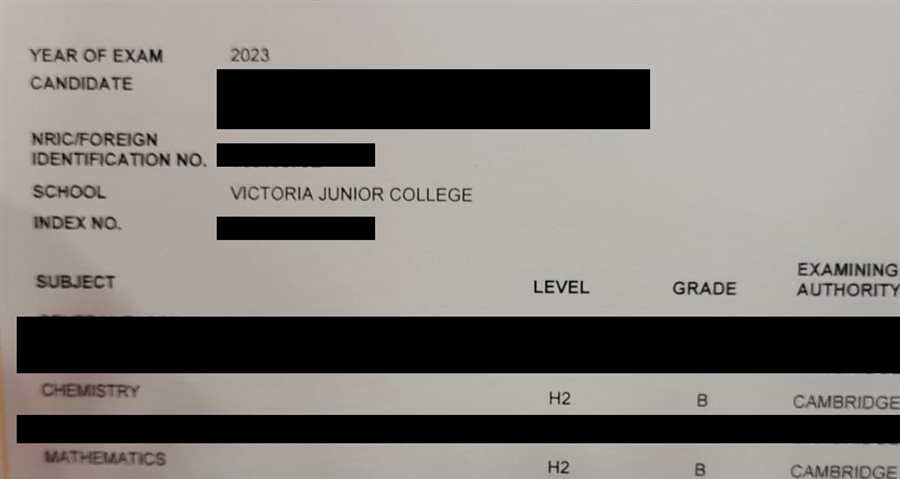 Cropped A-Level result slip showing subject grades, personal details redacted