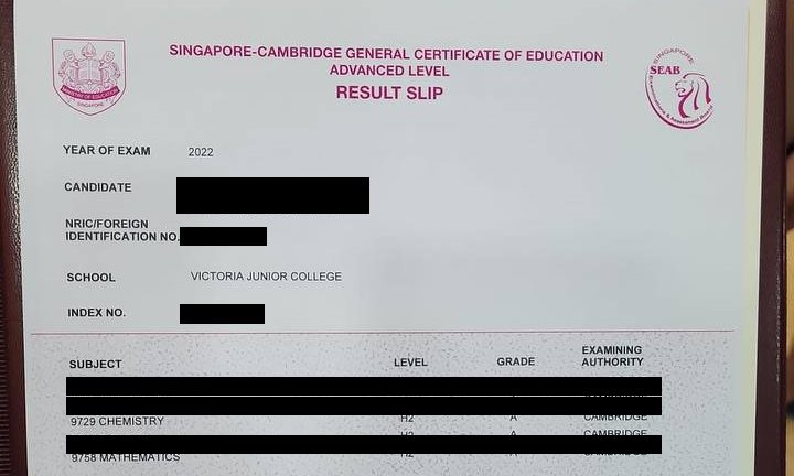 Cropped A-Level result slip showing subject grades, personal details redacted