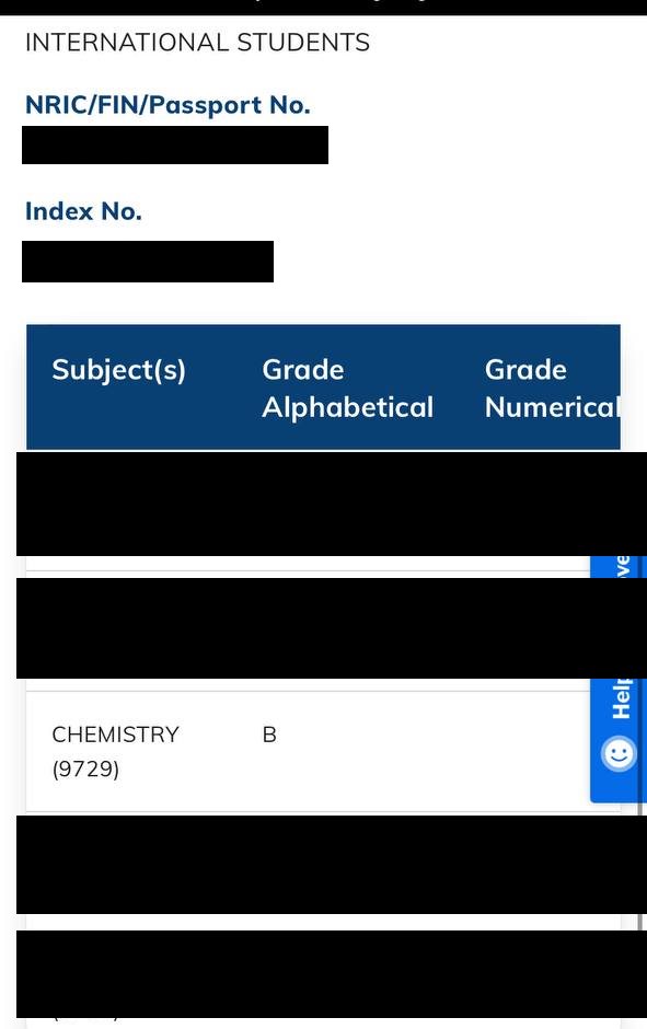 Cropped A-Level result slip showing subject grades, personal details redacted