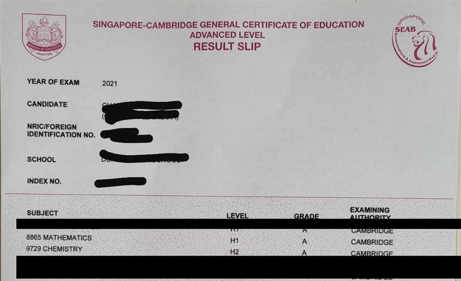 Cropped A-Level result slip showing subject grades, personal details redacted