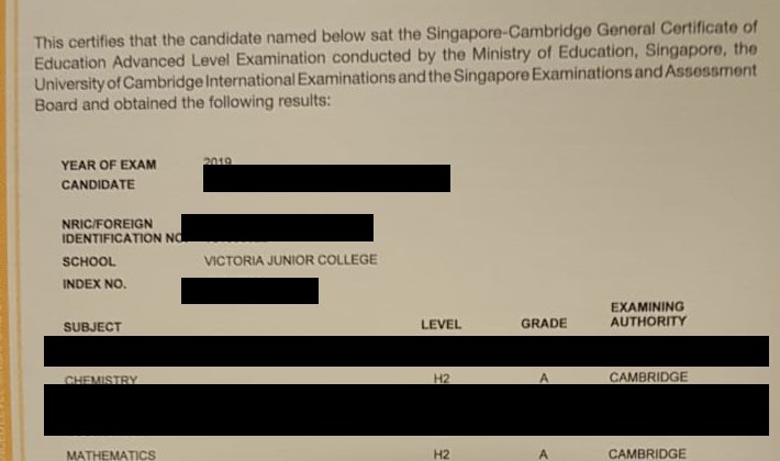 Cropped A-Level result slip showing subject grades, personal details redacted