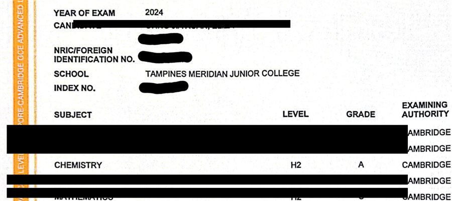 Cropped A-Level result slip showing subject grades, personal details redacted