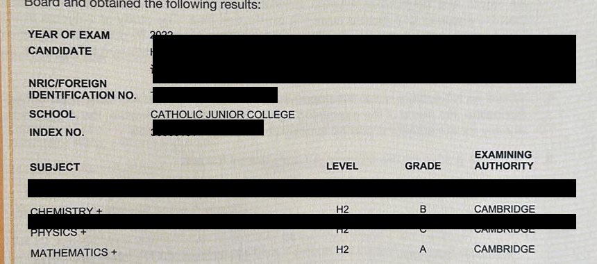 Cropped A-Level result slip showing subject grades, personal details redacted
