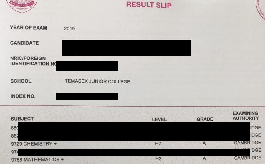 Cropped A-Level result slip showing subject grades, personal details redacted