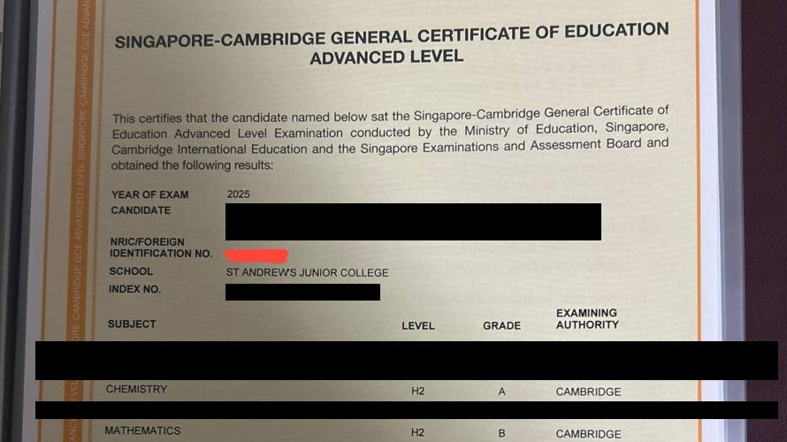 Cropped A-Level result slip showing subject grades, personal details redacted