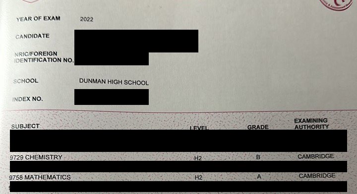 Cropped A-Level result slip showing subject grades, personal details redacted