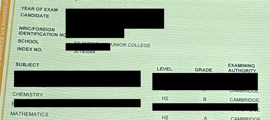 Cropped A-Level result slip showing subject grades, personal details redacted
