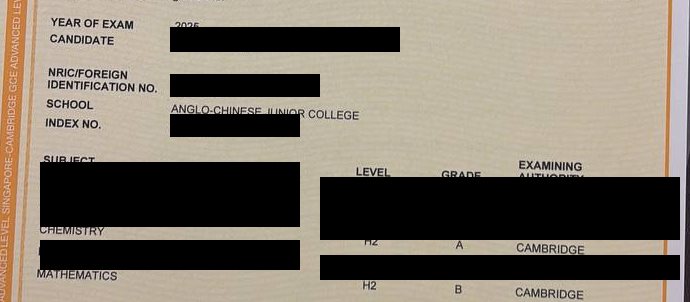 Cropped A-Level result slip showing subject grades, personal details redacted