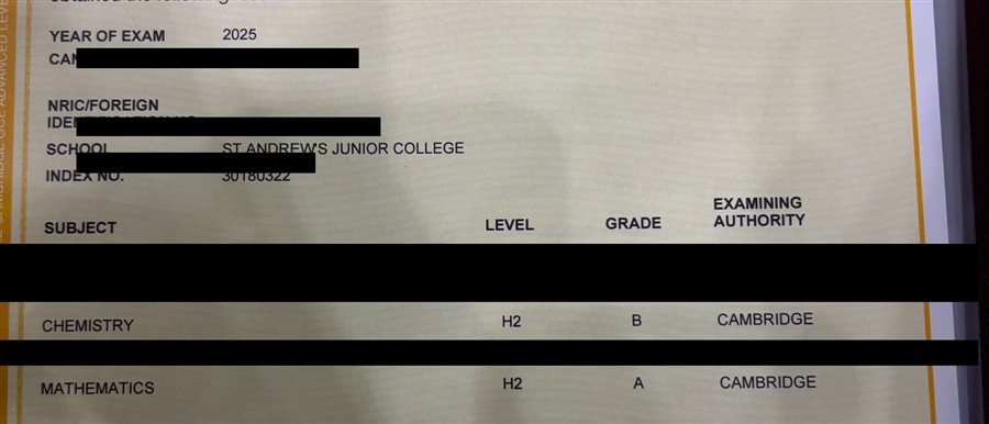 Cropped A-Level result slip showing subject grades, personal details redacted