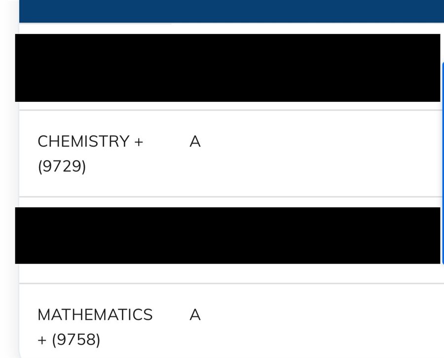 Cropped A-Level result slip showing subject grades, personal details redacted