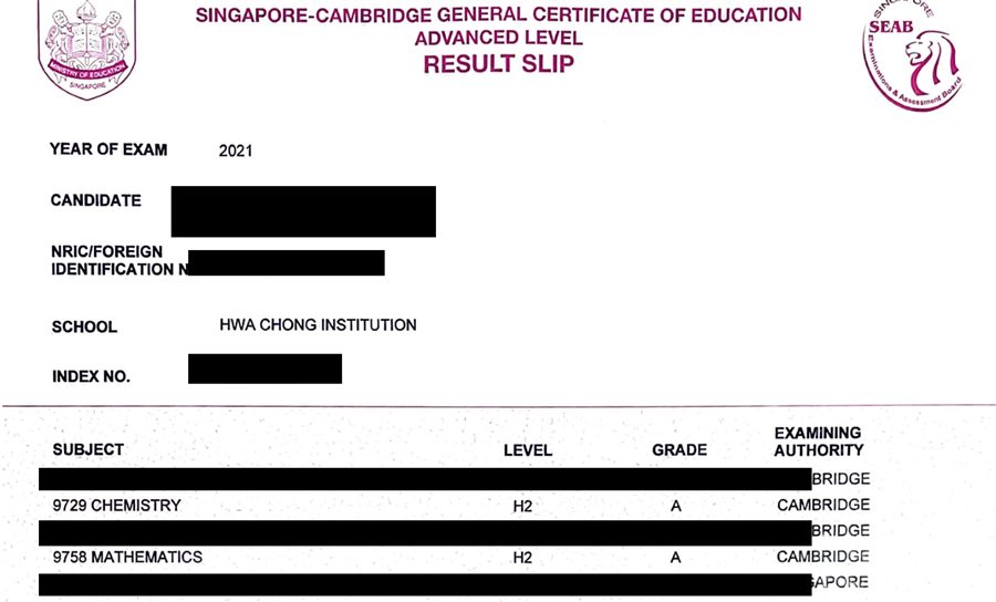 Cropped A-Level result slip showing subject grades, personal details redacted