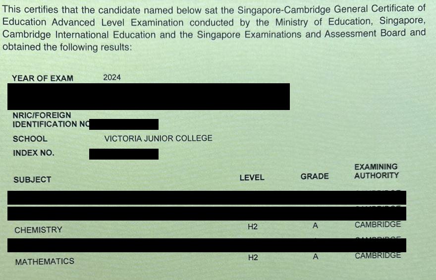 Cropped A-Level result slip showing subject grades, personal details redacted